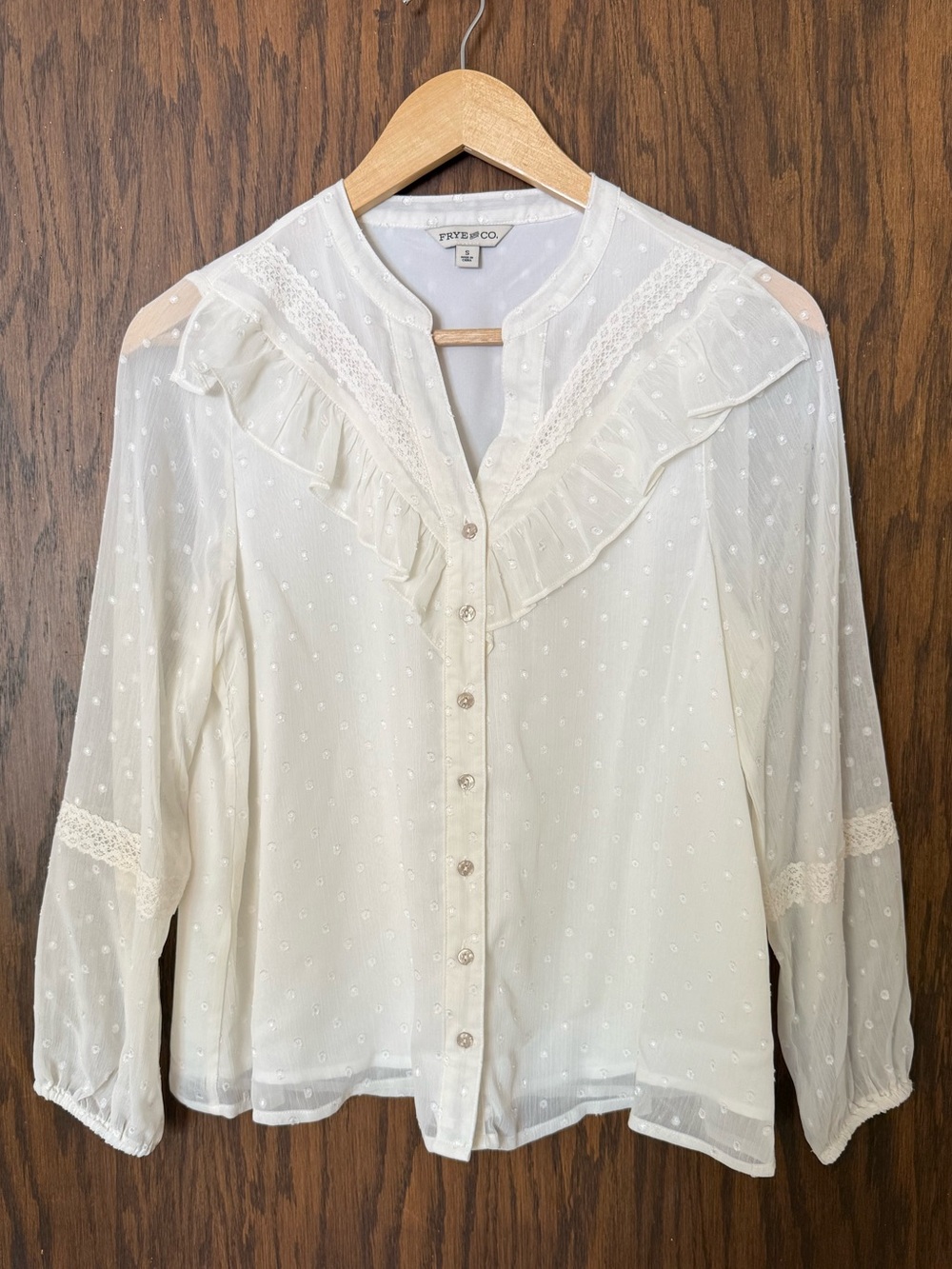 FRYE and CO. Cream Swiss Dot Ruffle Lace Boho Prairie Sheer Blouse V Neck Small